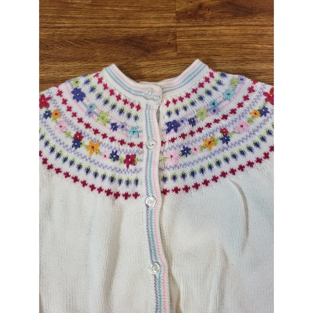 Vintage Gymboree Size Small White Fair Isle Floral Embroidered Cardigan